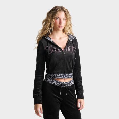 Women's Juicy Couture Bling Front Leopard Print Full-Zip Hoodie - Black/Leopard