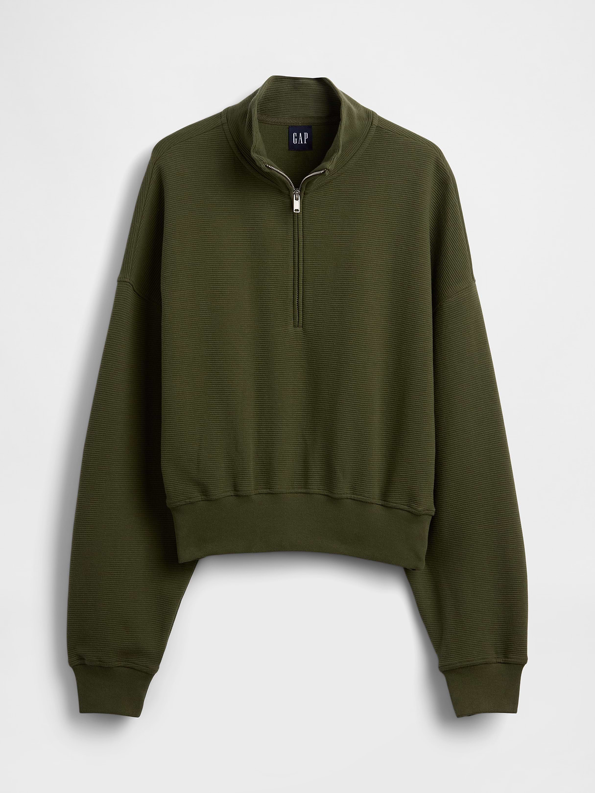 Textured Cotton Oversized Half-Zip Pullover - Olive green