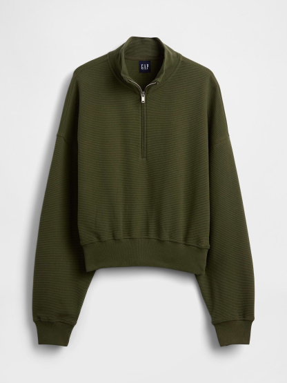 Textured Cotton Oversized Half-Zip Pullover - Olive green