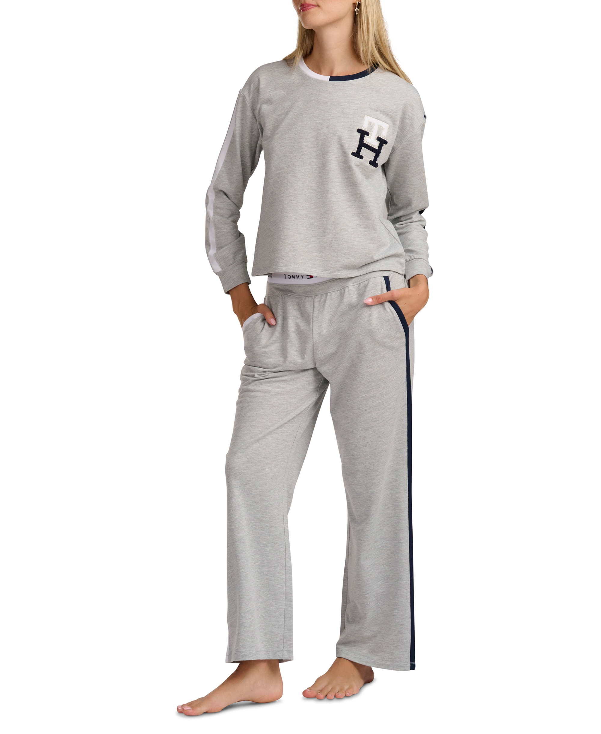 Tommy Hilfiger Women's Long-Sleeve Wide-Leg Pullover and Long Pants, 2-Piece Set - Heather Gray