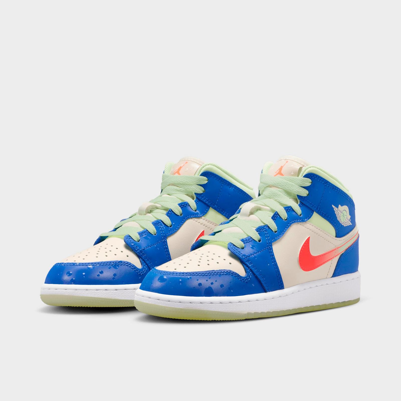 Big Kids' Air Jordan Retro 1 Mid SE Casual Shoes - Game Royal/Barely Volt/Infrared 23/Pale Ivory - Left shoe facing left. Outside of the shoe. - view 2