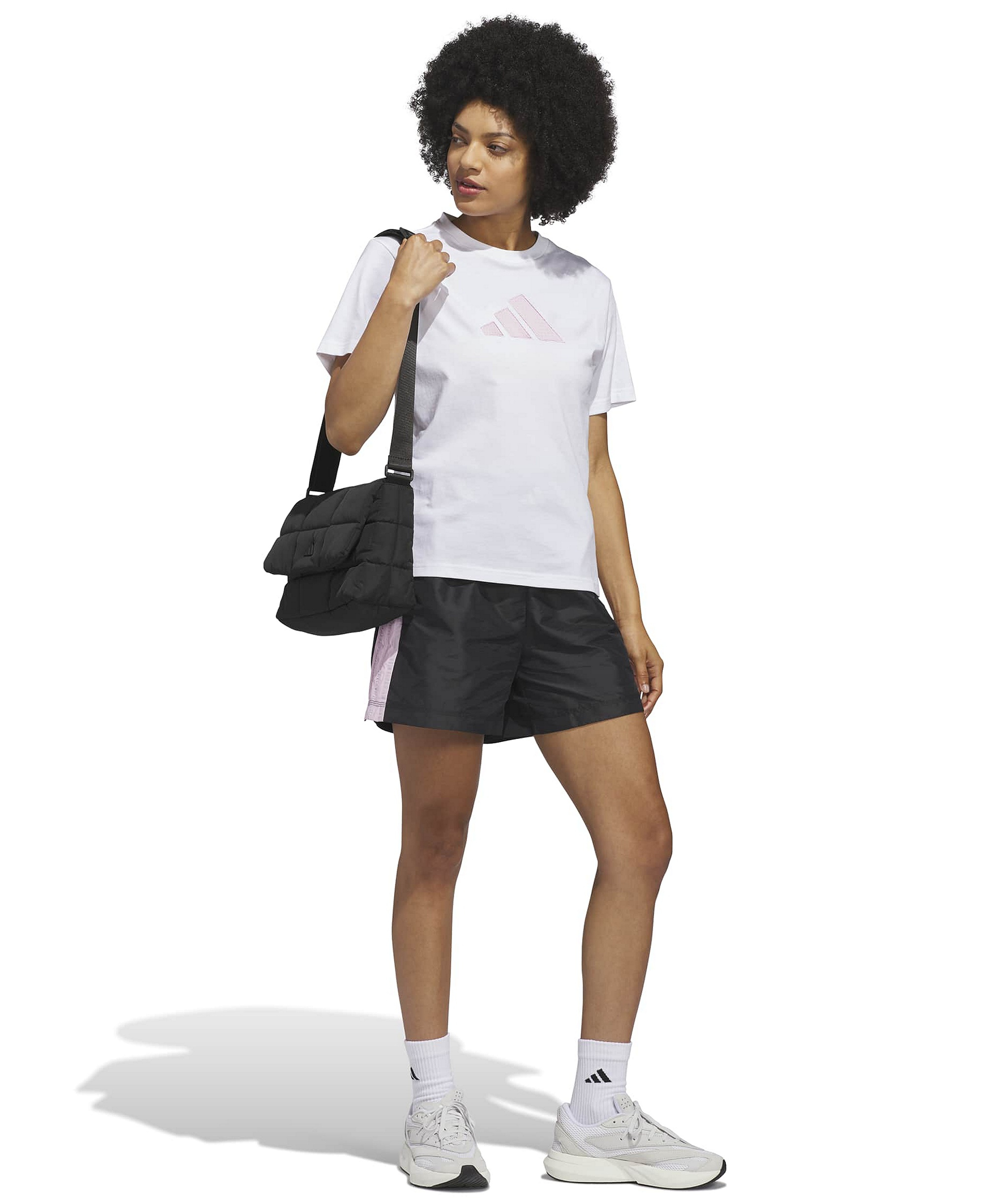 adidas Women's Gingham Big Logo Graphic Crewneck Cotton T-Shirt - White
