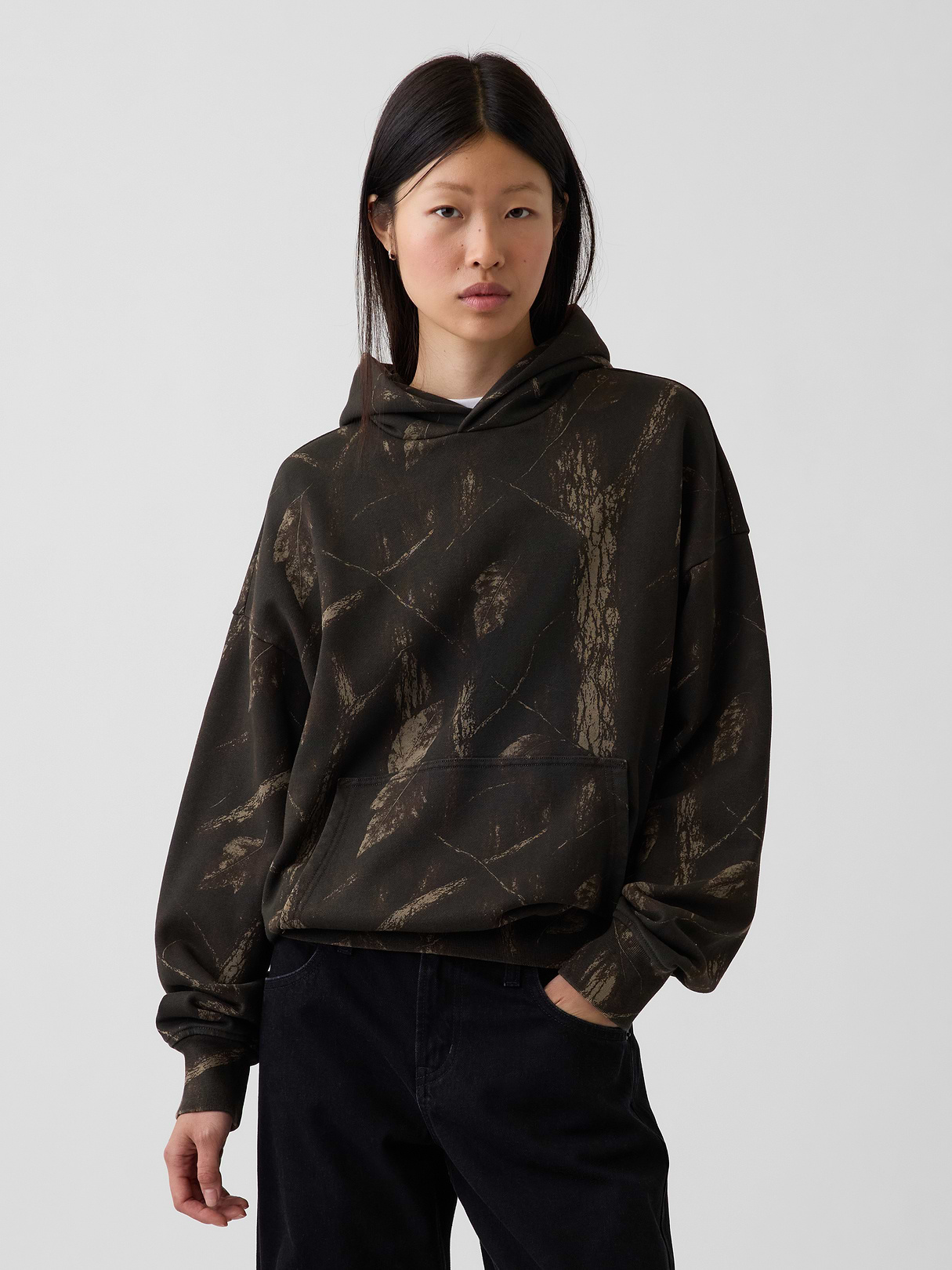 Adult Heavyweight Oversized Hoodie - Khaki tan leaf print