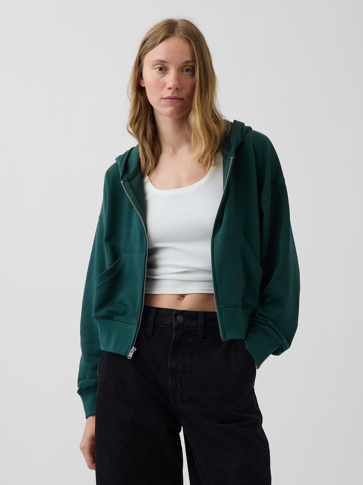 VintageSoft Terry Oversized Wedge Zip Hoodie - Dark green