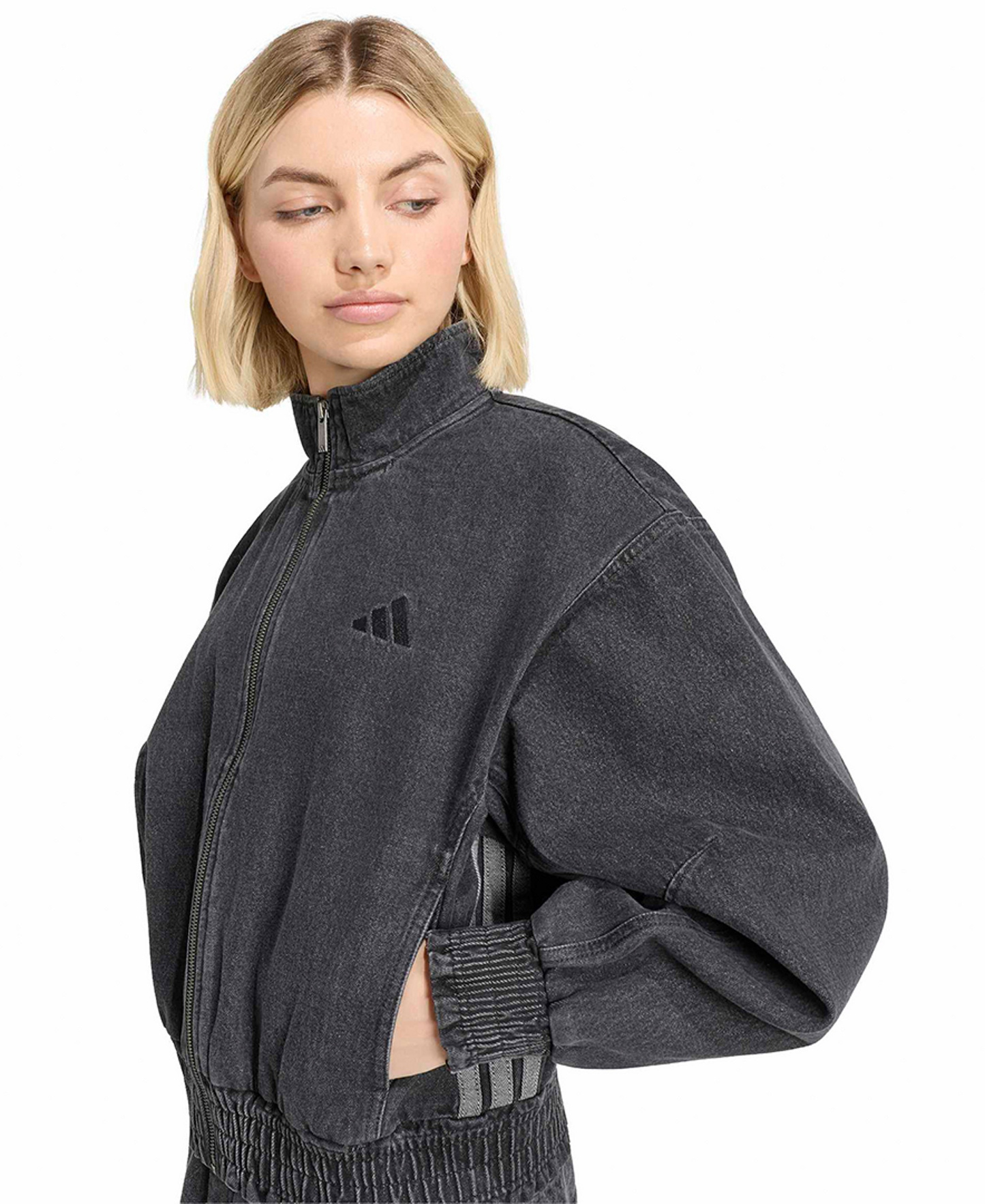 adidas Women's Stadium Washed Denim Bomber Loose-Fit Jacket - Black