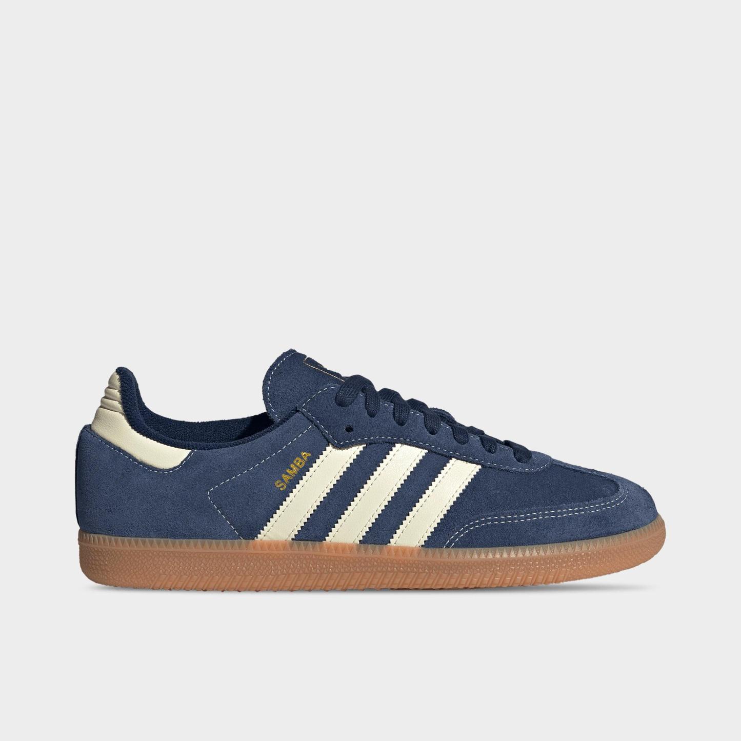 Men's adidas Originals Samba OG Casual Shoes - Part 1 - Night Indigo/Warm Vanilla/Gum - Left shoe facing left. Outside of the shoe.