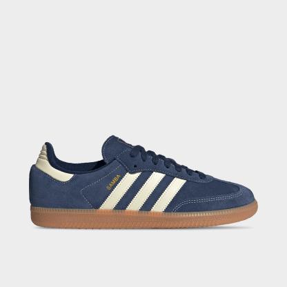 Men's adidas Originals Samba OG Casual Shoes - Part 1 - Night Indigo/Warm Vanilla/Gum - Left shoe facing left. Outside of the shoe.