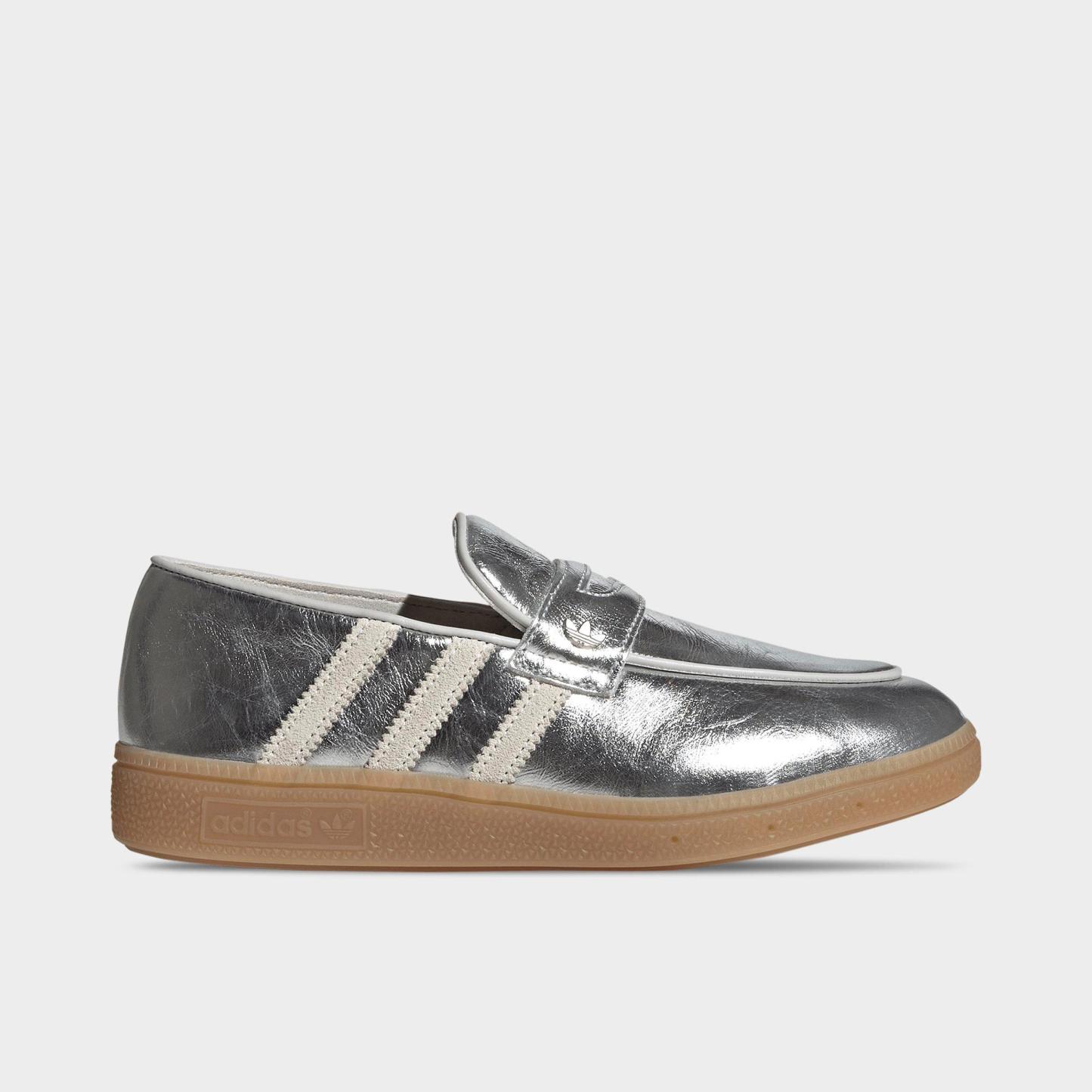Women's adidas Originals Handball Spezial Loafer Casual Shoes - Part 1 - Silver Metallic/Off White/Grey One - Left shoe facing left. Outside of the shoe.