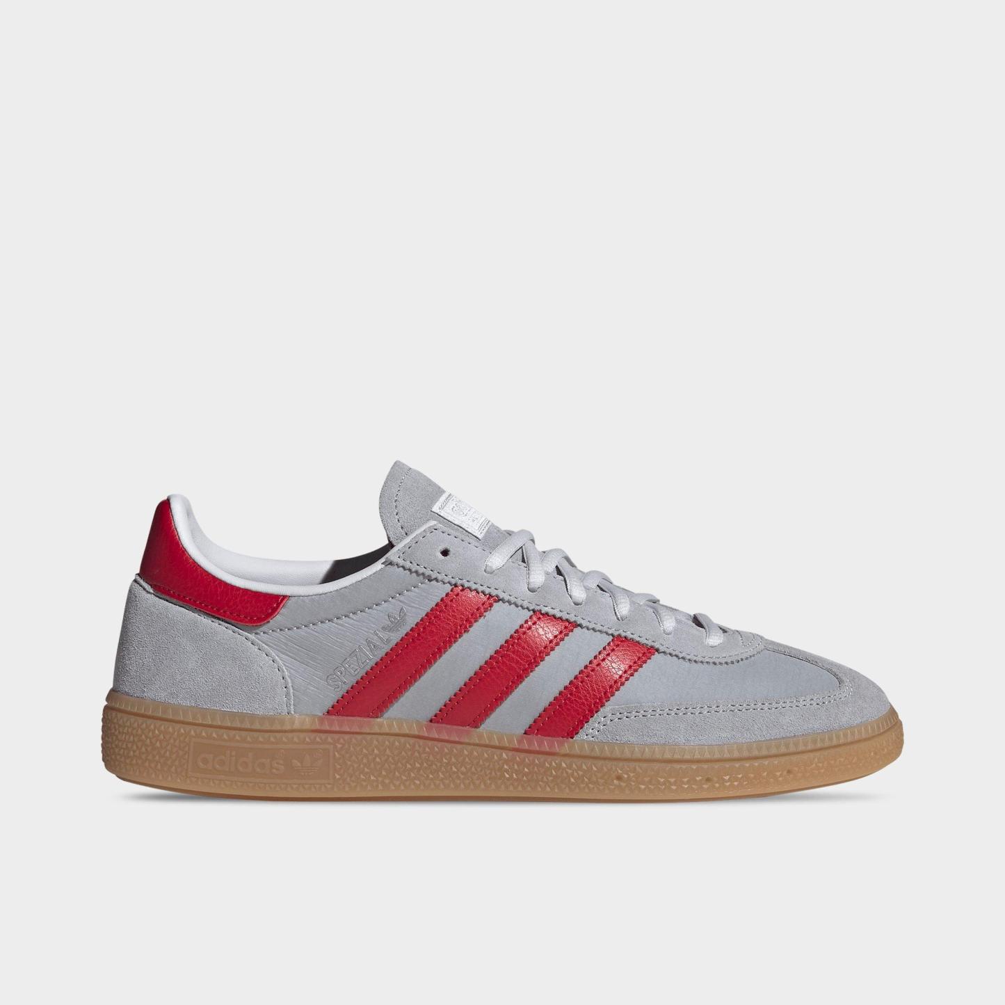 Men's adidas Originals Handball Spezial Casual Shoes - Part 3 - Halo Silver/Team Victory Red/Gum - Left shoe facing left. Outside of the shoe.