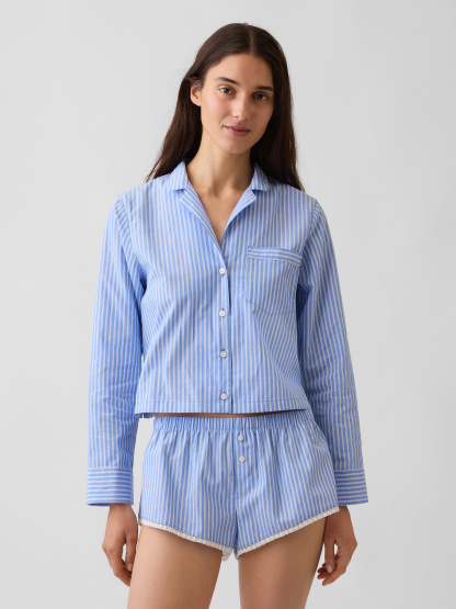 Poplin Oversized Crop PJ Shirt - Blue stripe