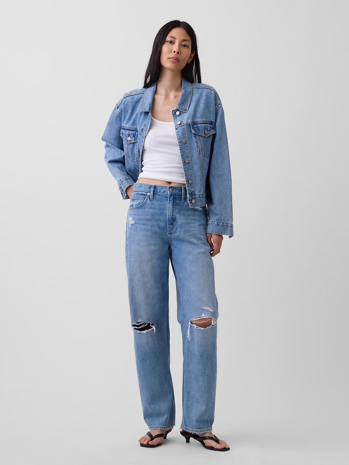 High Rise Khaki Stripe Barrel Jeans - Light indigo destroy