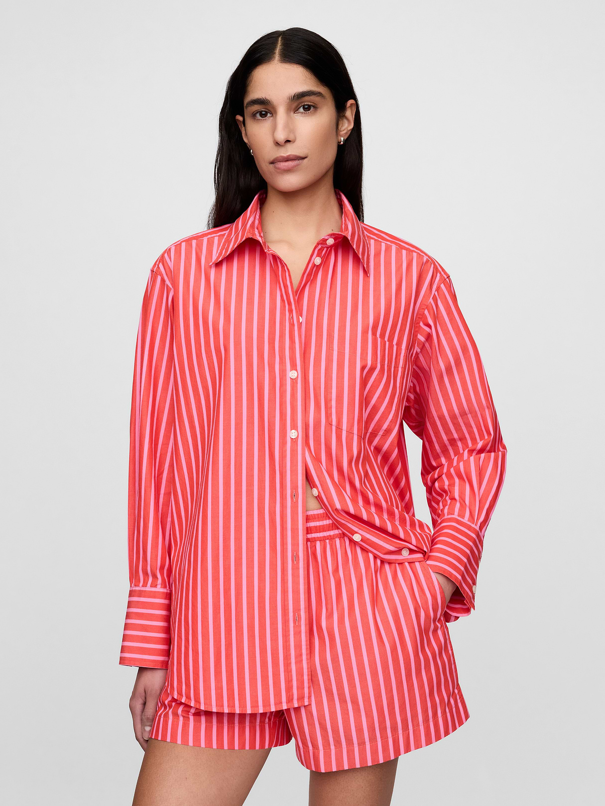 Organic Cotton Poplin Stripe Big Shirt - Red and pink stripe