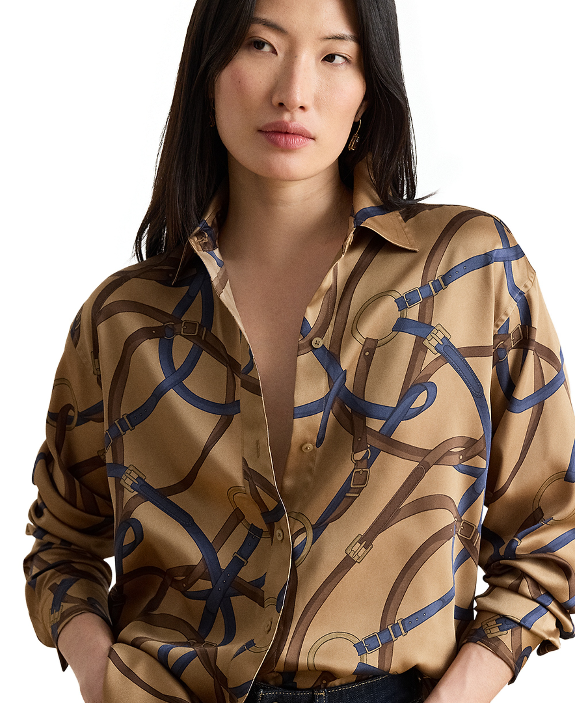 Lauren Ralph Lauren Women's Belting Print Collared Shirt - Camel Multi