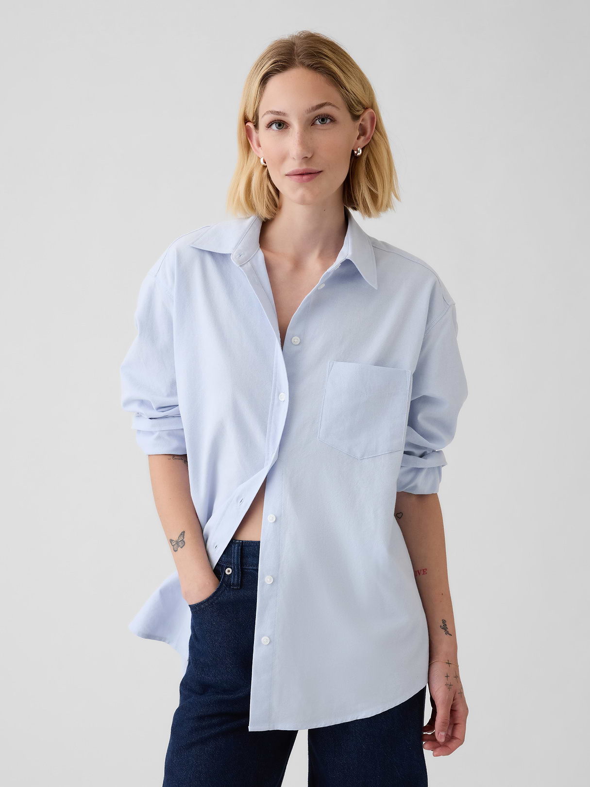 Organic Cotton Poplin Stripe Big Shirt - blue crystal