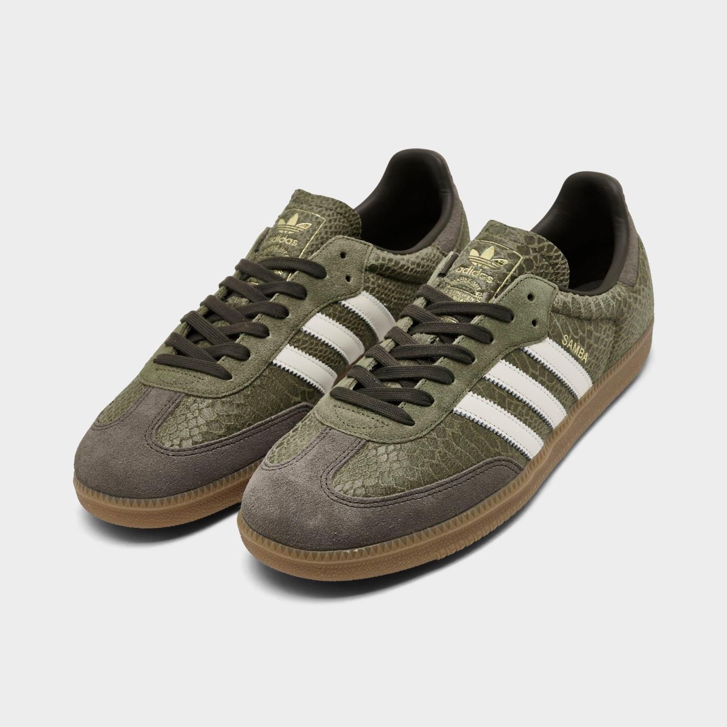 Men's adidas Originals Samba OG Casual Shoes - Part 2 - Focus Olive/Off White/Gum - Both shoes facing left