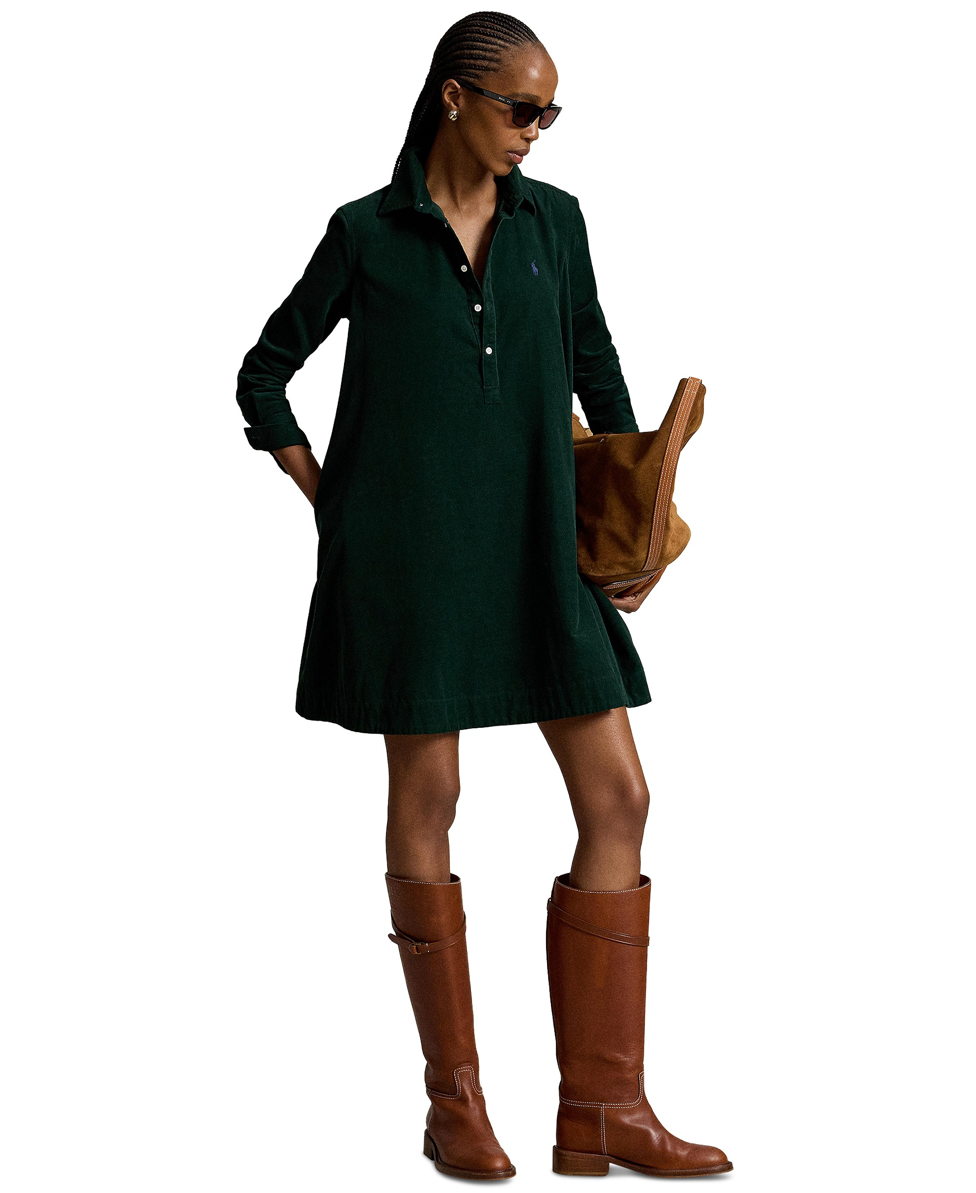 Polo Ralph Lauren Women's Corduroy Pleated Shirt Dress - Green