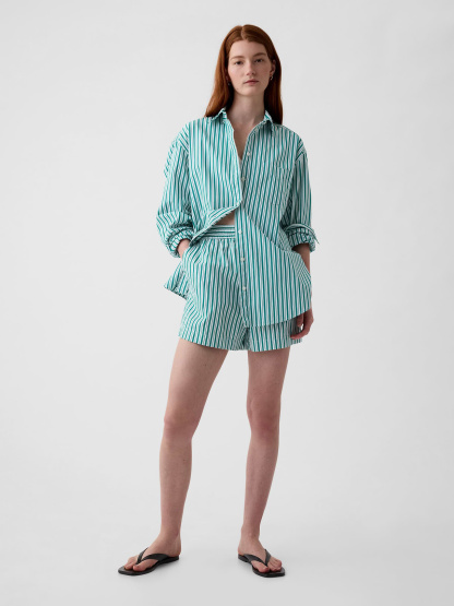 Organic Cotton Poplin Stripe Big Shirt - white & green stripe