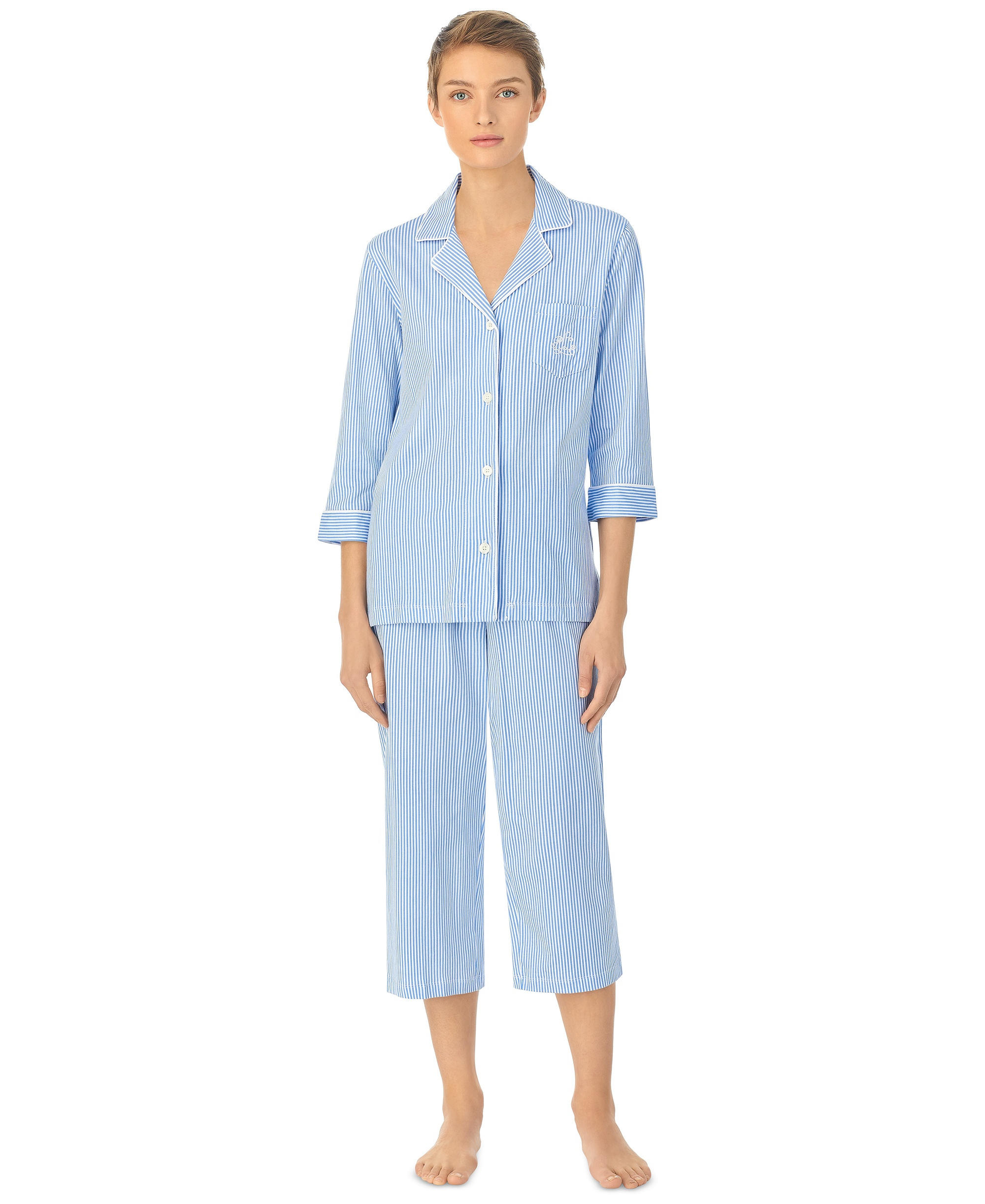 Lauren Ralph Lauren Womens 3/4 Sleeve Cotton Notch Collar Capri Pant Pajama Set
