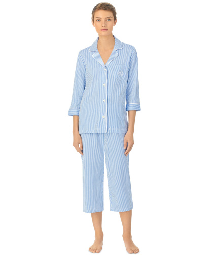 Lauren Ralph Lauren Womens 3/4 Sleeve Cotton Notch Collar Capri Pant Pajama Set
