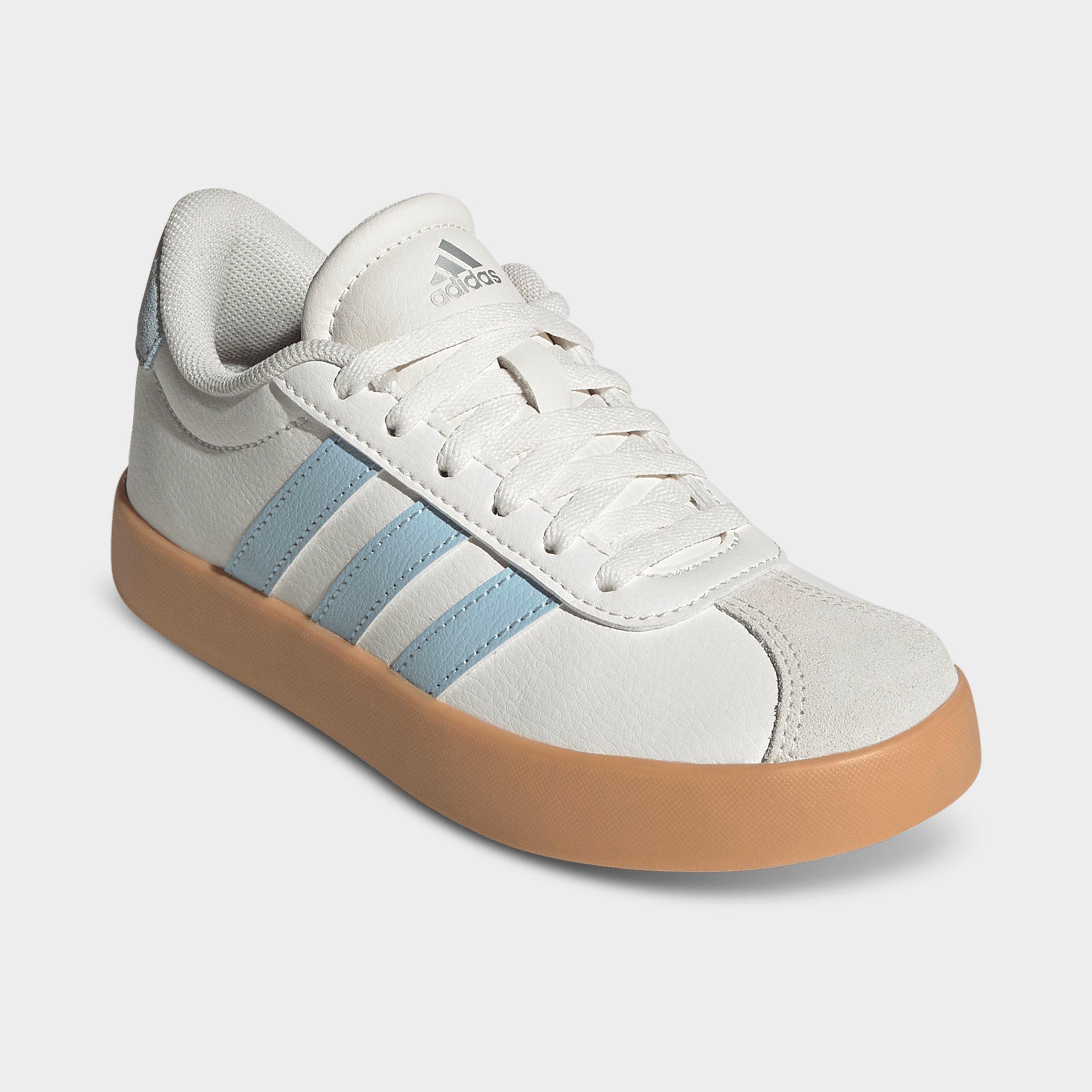 Big Kids' adidas VL Court 3.0 Skateboarding Casual Shoes - Core White/Ice Blue/Gum - Both shoes facing left