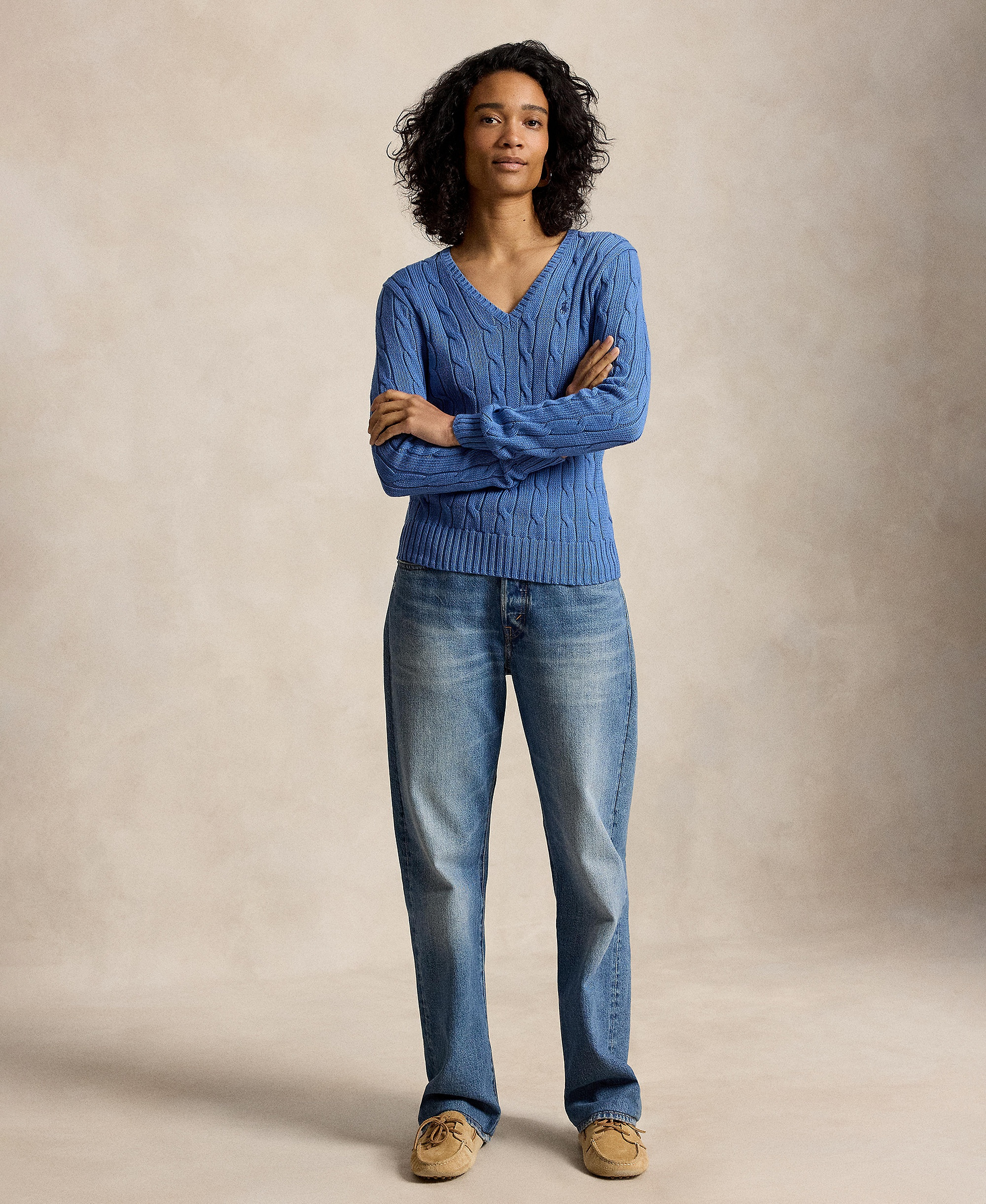 Polo Ralph Lauren Women's Cable-Knit Cotton V-Neck Sweater - Nimes Blue