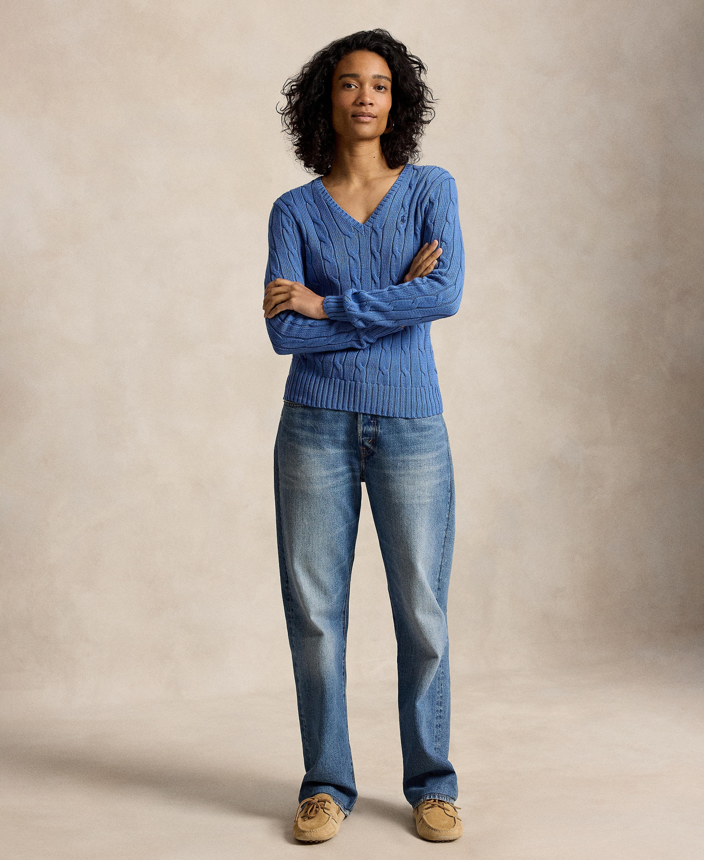 Polo Ralph Lauren Women's Cable-Knit Cotton V-Neck Sweater - Nimes Blue