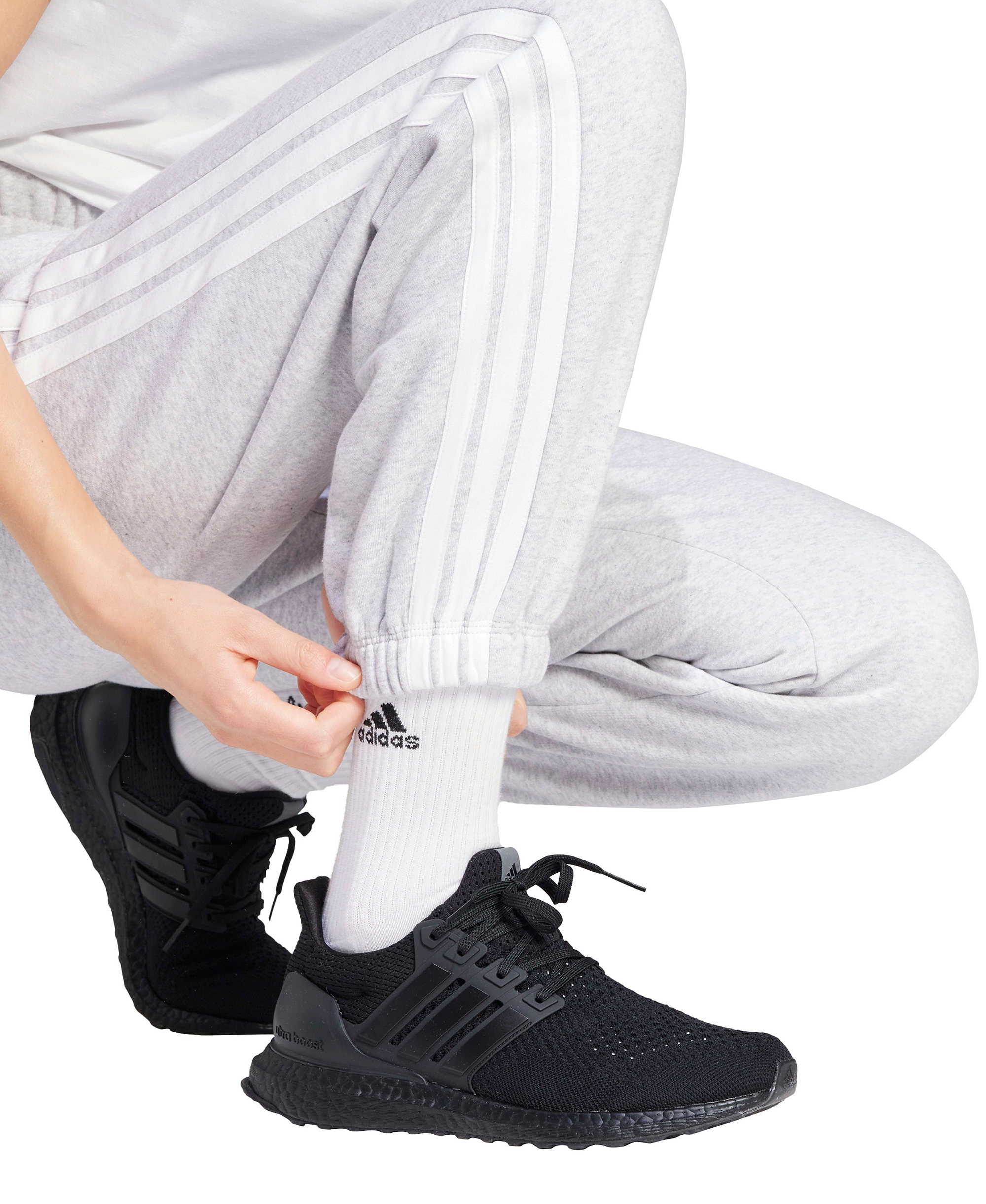 adidas Women's Essentials 3-Stripes Pull-On Fleece Loose Pants - Light Gray/White