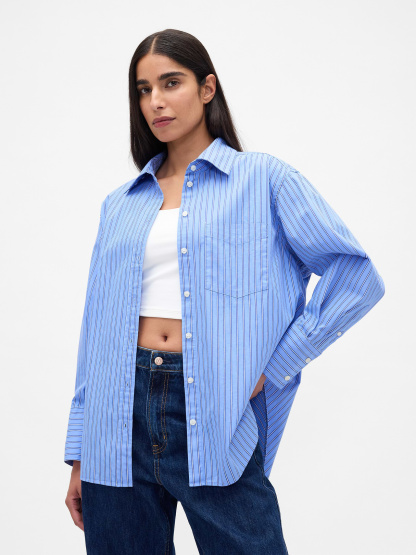 Organic Cotton Poplin Stripe Big Shirt - Blue & white stripe