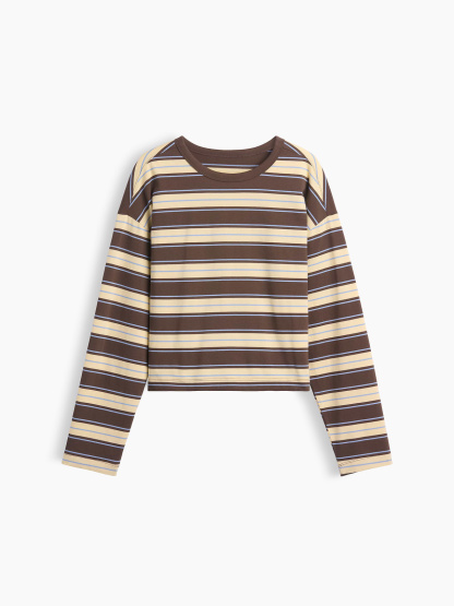 Knit Oversized Crop T-Shirt - Yellow & brown stripe