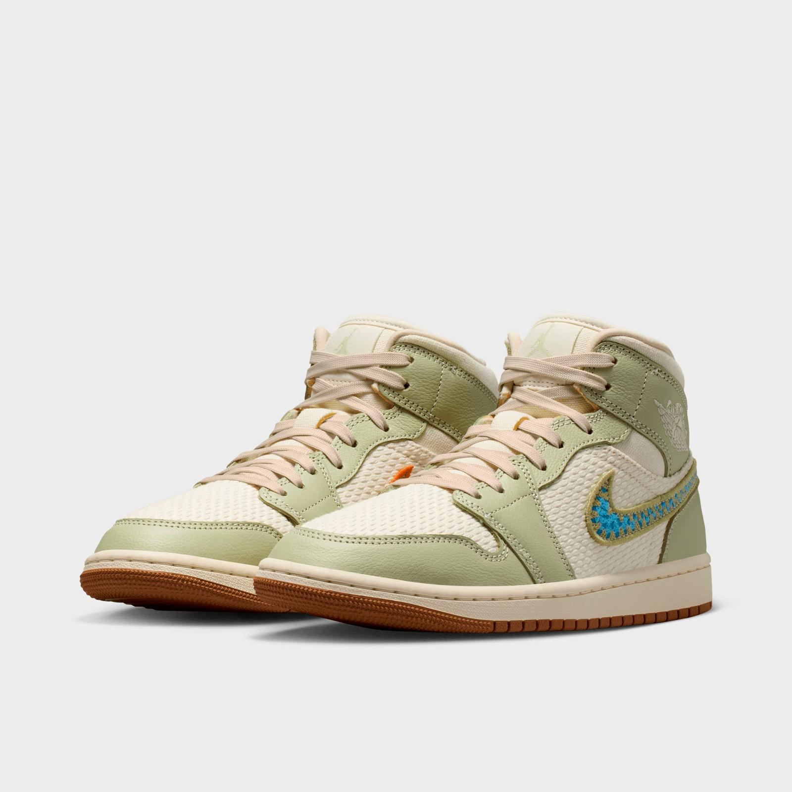 Women's Air Jordan 1 Mid SE Casual Shoes - Olive Aura/Lawn/University Blue/Pearl White - view 2