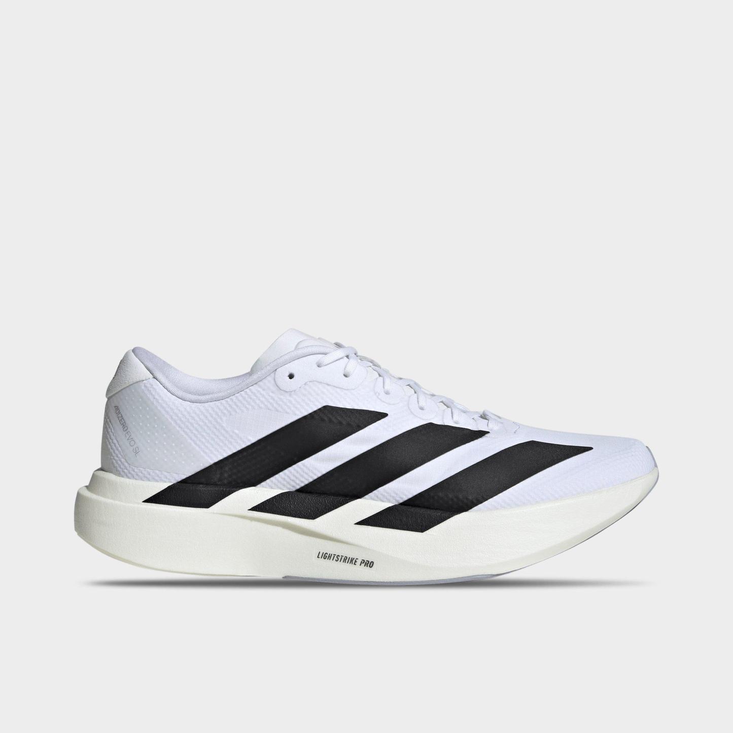 Men's adidas Adizero EVO SL Woven Running Shoes - Part 1 - Cloud White/Core Black/Dash Grey - Left shoe facing left. Outside of the shoe.