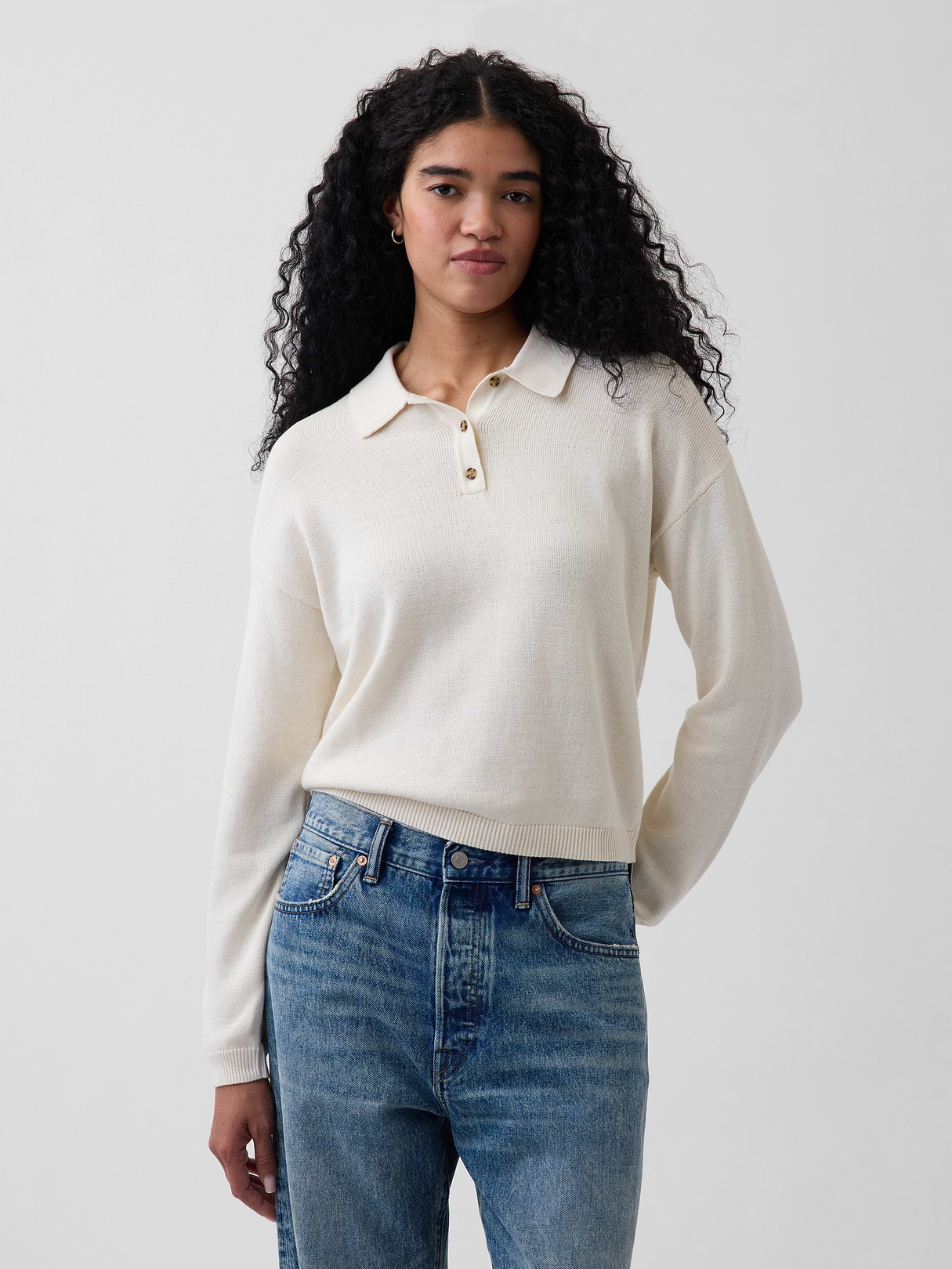 100% Cotton Relaxed Polo Sweater - Ivory beige frost