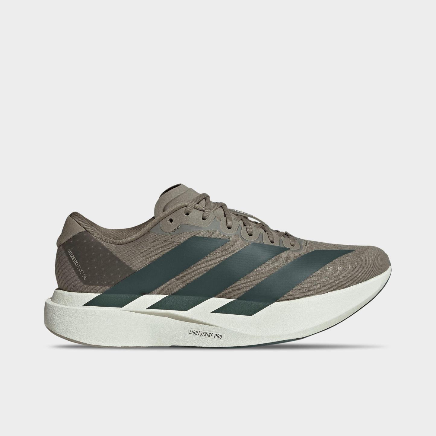 Men's adidas Adizero EVO SL Running Shoes - Part 1 - Clay/Legend Ivy/Light Brown - Left shoe facing left. Outside of the shoe.