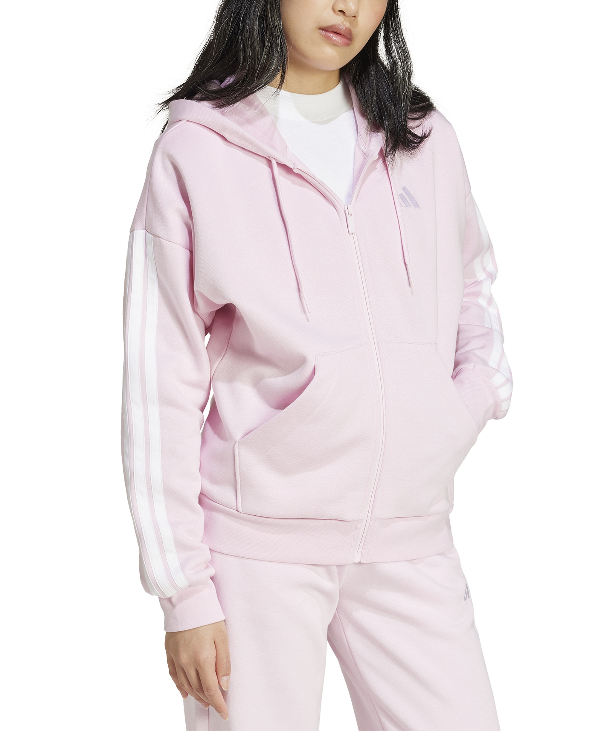 adidas Women's 3-Stripe Fleece Full-Zip Hoodie - Clear Pink/White
