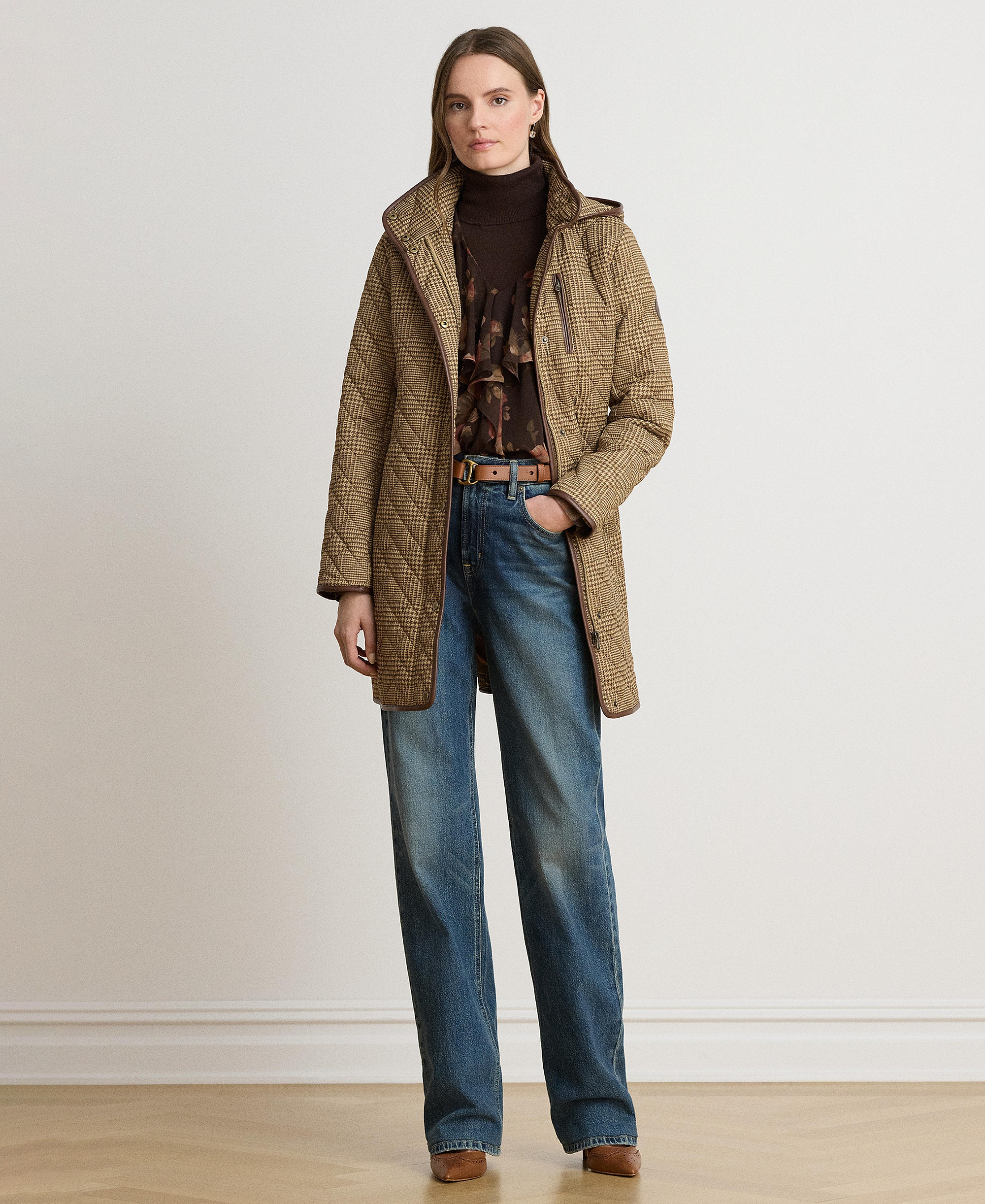 Lauren Ralph Lauren Women's Hooded Quilted Coat - Camel Cognac Check
