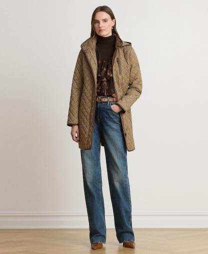 Lauren Ralph Lauren Women's Hooded Quilted Coat - Camel Cognac Check