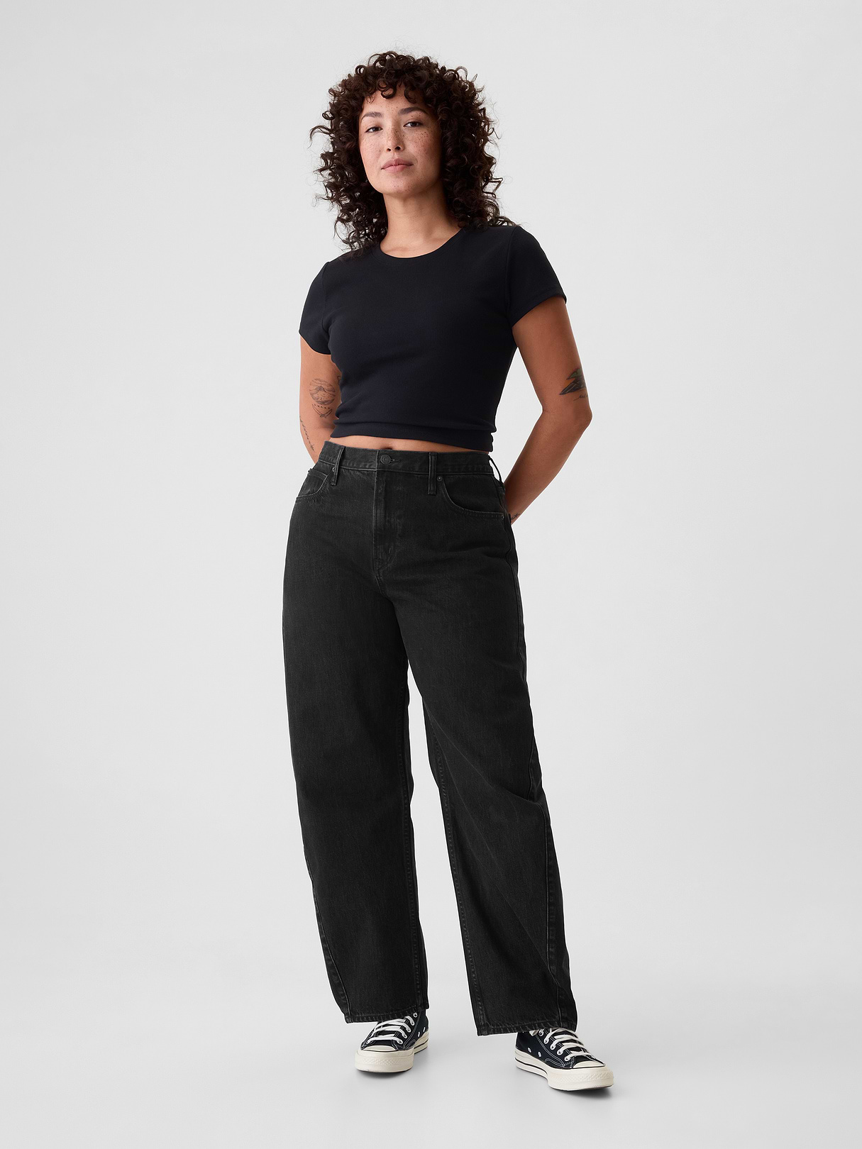 High Rise Khaki Stripe Barrel Jeans - Black