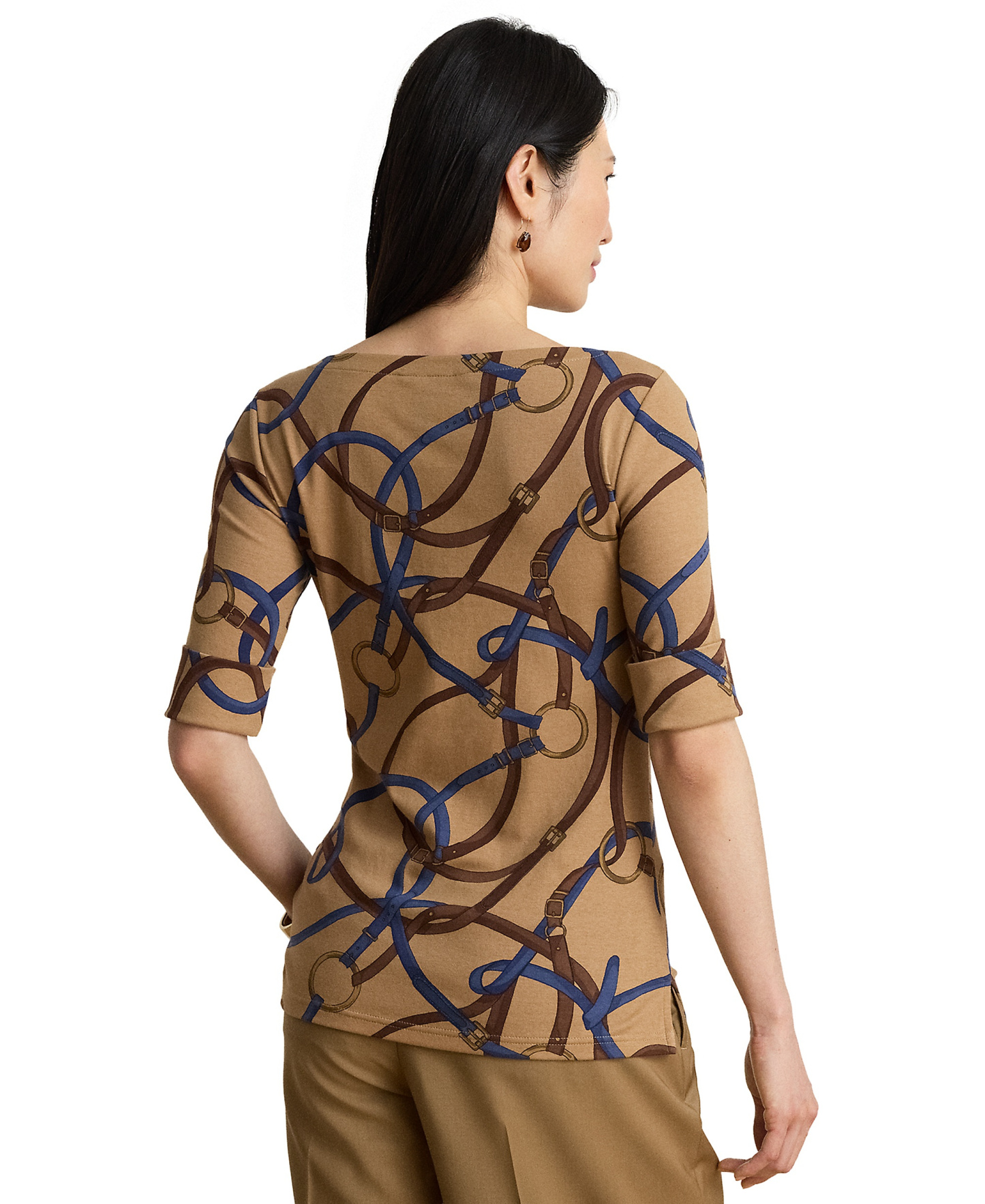 Lauren Ralph Lauren Women's Belting Print Boat Neck Top - Camel Multi