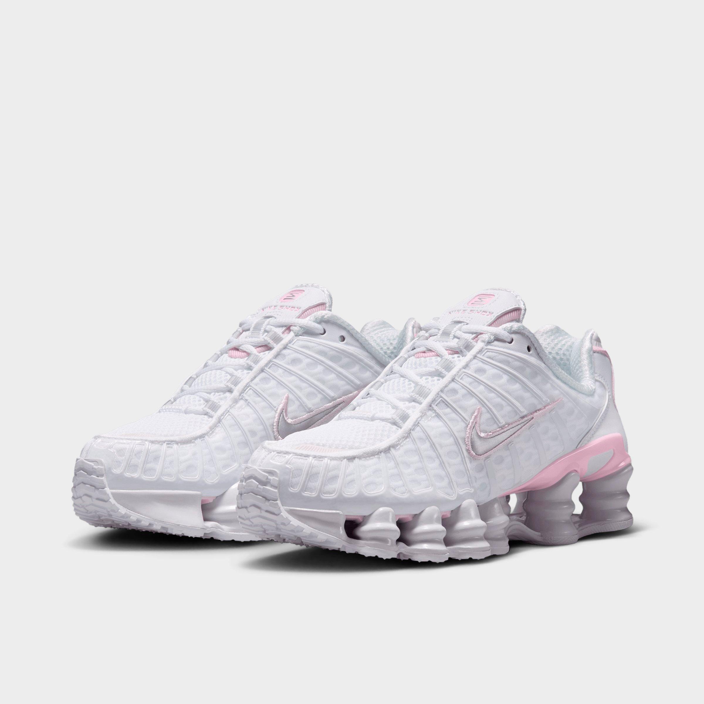 Big Kids' Nithtke Shox TL Casual Shoes - White/Pink Foam/Metallic Silver - Both shoes facing left