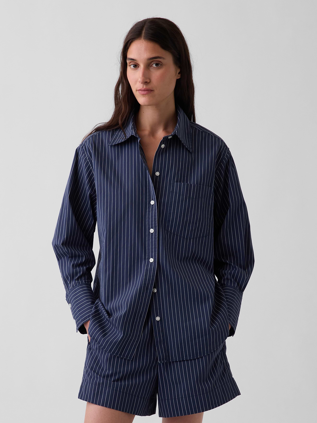 Organic Cotton Poplin Stripe Big Shirt - dark blue stripe
