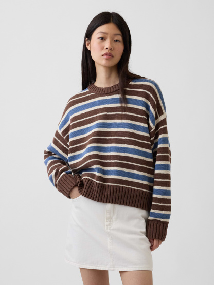 100% Cotton Oversized Crop Sweater - Brown & blue stripe