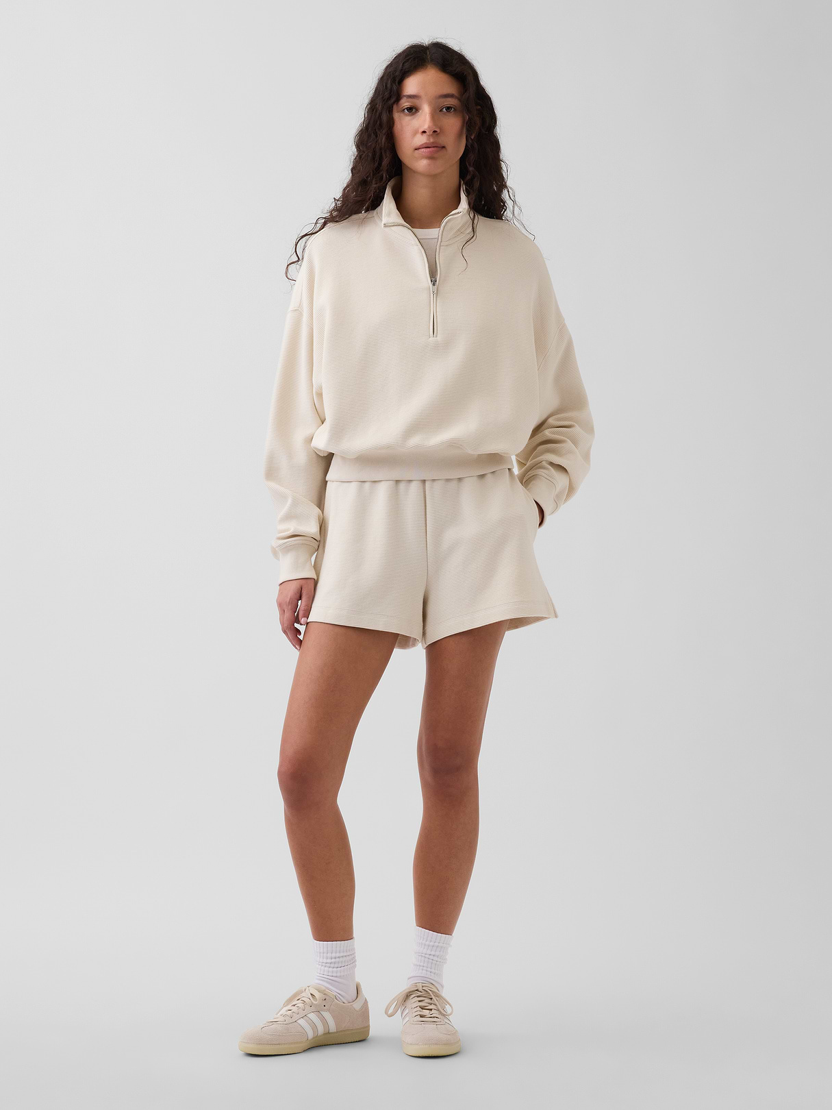 Textured Cotton Oversized Half-Zip Pullover - Chino beige