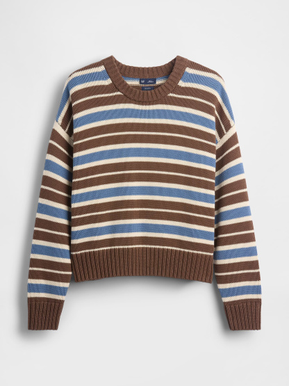 100% Cotton Oversized Crop Sweater - Brown & blue stripe