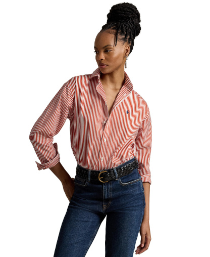 Polo Ralph Lauren Women's Relaxed-Fit Striped Cotton Shirt - Orange/Leaf White
