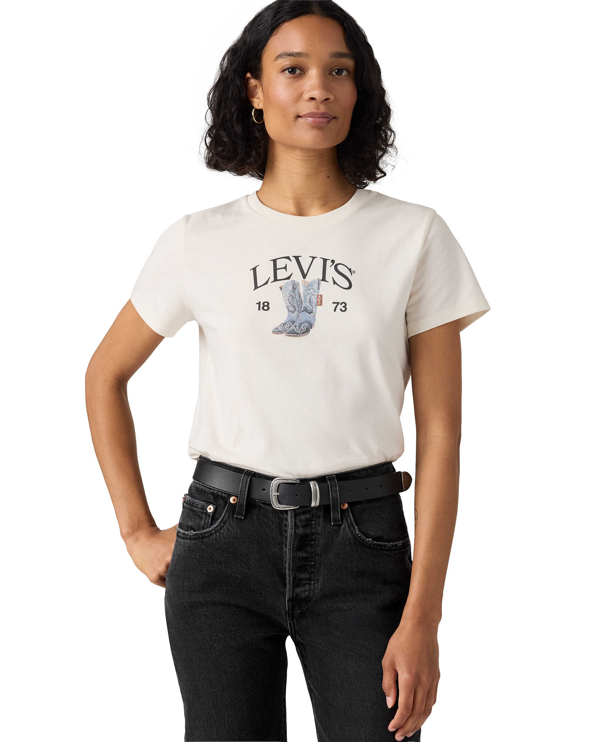 Levi's Women's Perfect Graphic Logo Cotton T-Shirt - Levis Denim Boots Egret