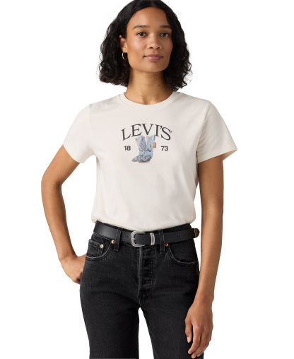 Levi's Women's Perfect Graphic Logo Cotton T-Shirt - Levis Denim Boots Egret