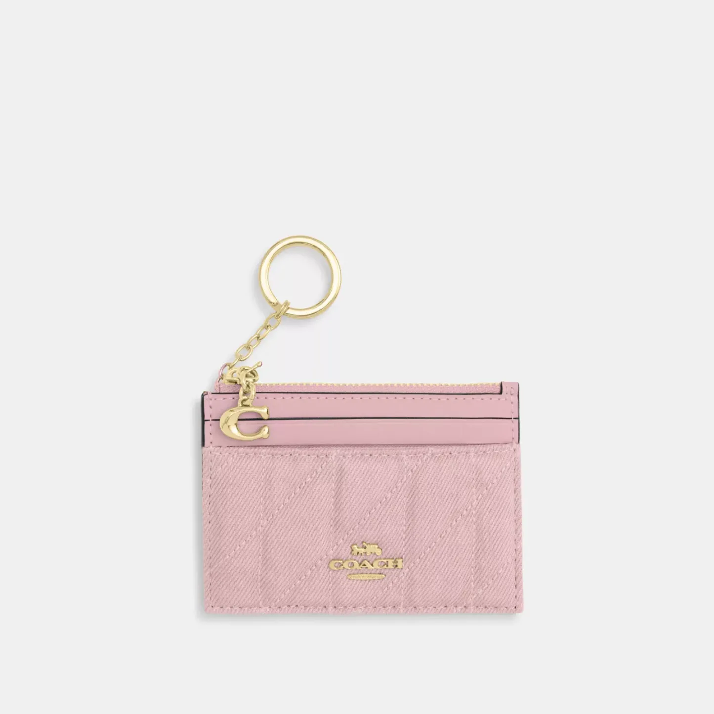 Mini Skinny Id Case In Loved Denim With Quilting And Charm - Gold/Light Pink