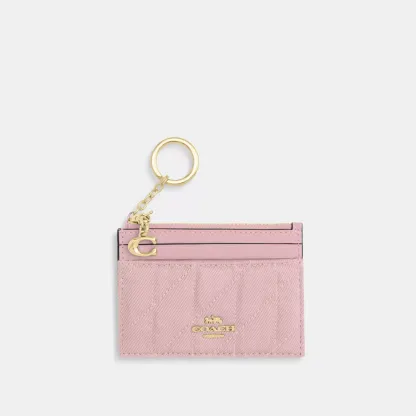 Mini Skinny Id Case In Loved Denim With Quilting And Charm - Gold/Light Pink