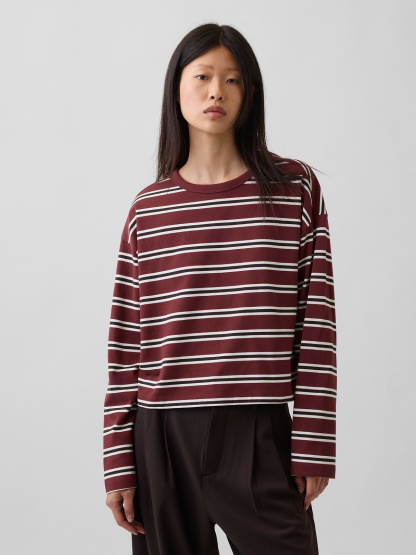 Knit Oversized Crop T-Shirt - Andorra red & brown stripe
