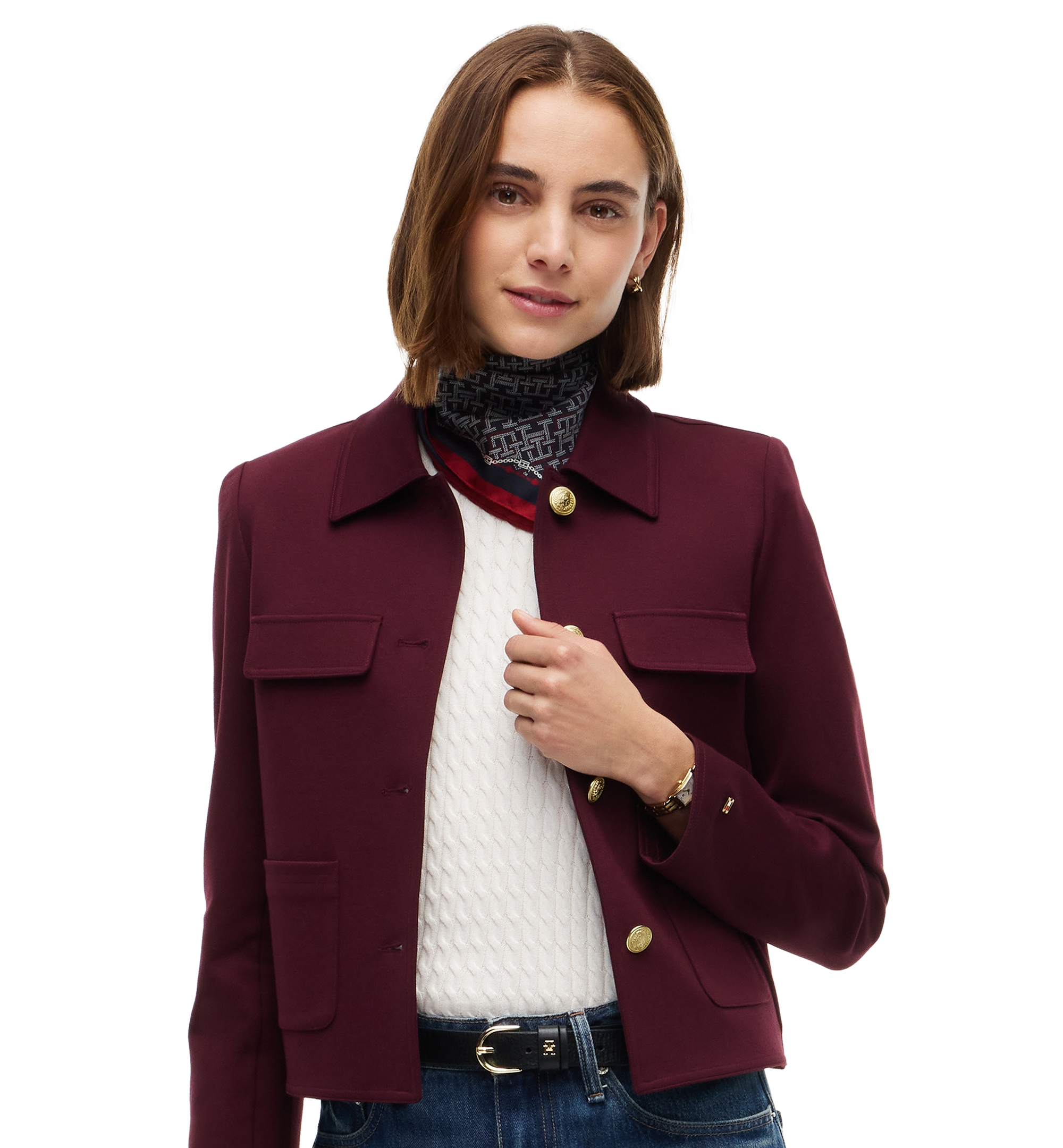 Tommy Hilfiger Women's Ponte Knit Band Collar Jacket - Deep Burgundy
